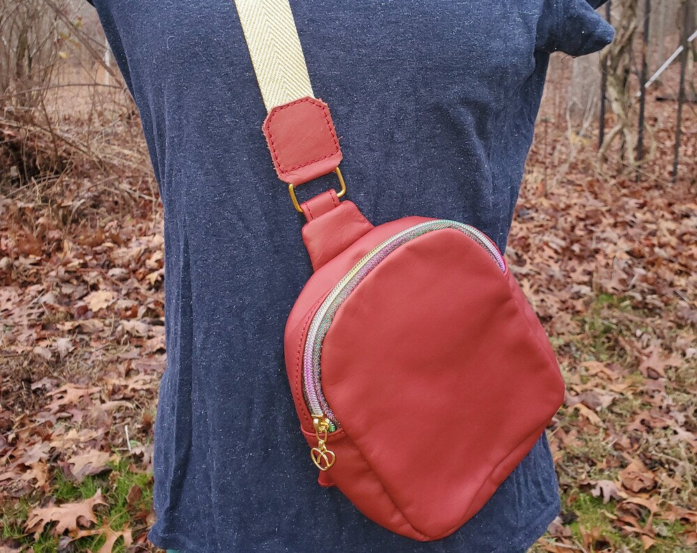 Leather crossbody sling purse pack bag adjustable strap kids teen Mav Pack burgundy red